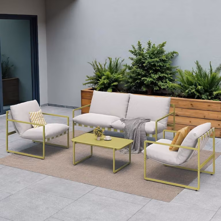 Set da balcone per 4 persone, verde, composto da tavolo, divano e 2 poltrone con cuscini