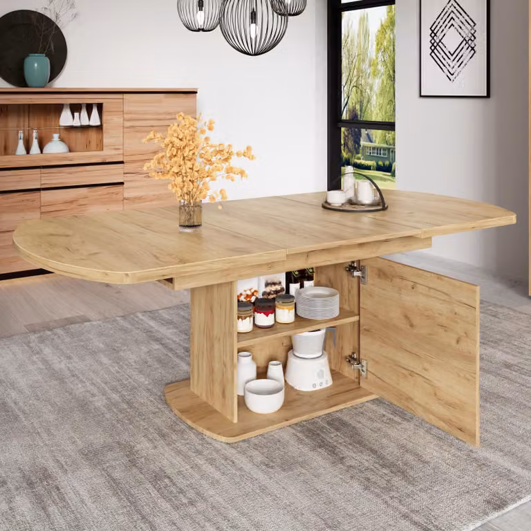 Tavolo ovale okwish con piano allungabile, tavolo da cucina con spazio contenitivo e maniglia argentata, ideale per la sala da pranzo, in legno di quercia