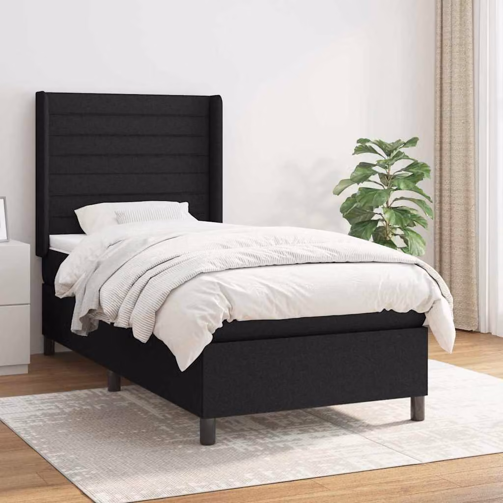 vidaXL Giroletto a Molle con Materasso Ibrido in Tessuto Nero, L/P/H: 90 x 200 x 128 cm – 1