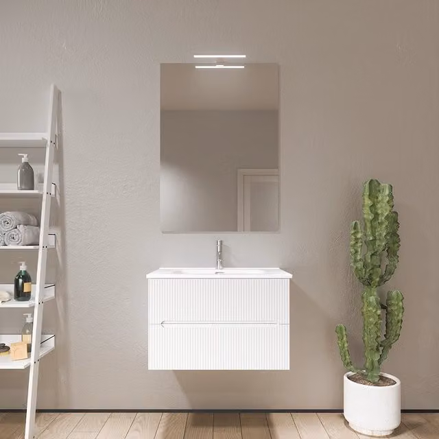 Mobile bagno sospeso 90cm cannettato bianco opaco con lavabo in ceramica e specchio | Kaindy