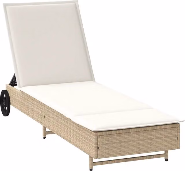 Lettino Prendisole | Sdraio da giardino | Lettino da sole con Ruote e Cuscino in Polyrattan Beige