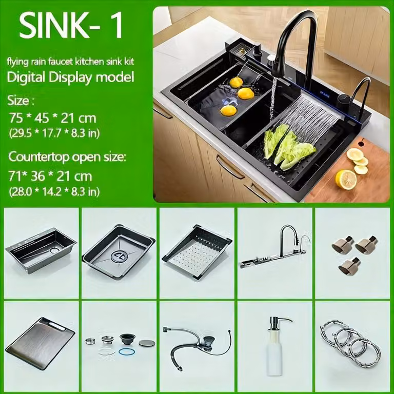 Rubinetto da cucina - 75x45 cm - Acciaio inossidabile nero - Miscelatore a cascata - Display digitale - Lavello