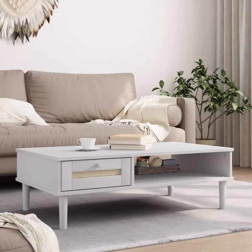 Maison Exclusive - Tavolino SENJA, aspetto rattan, bianco, 100x55x33 cm, legno di pino