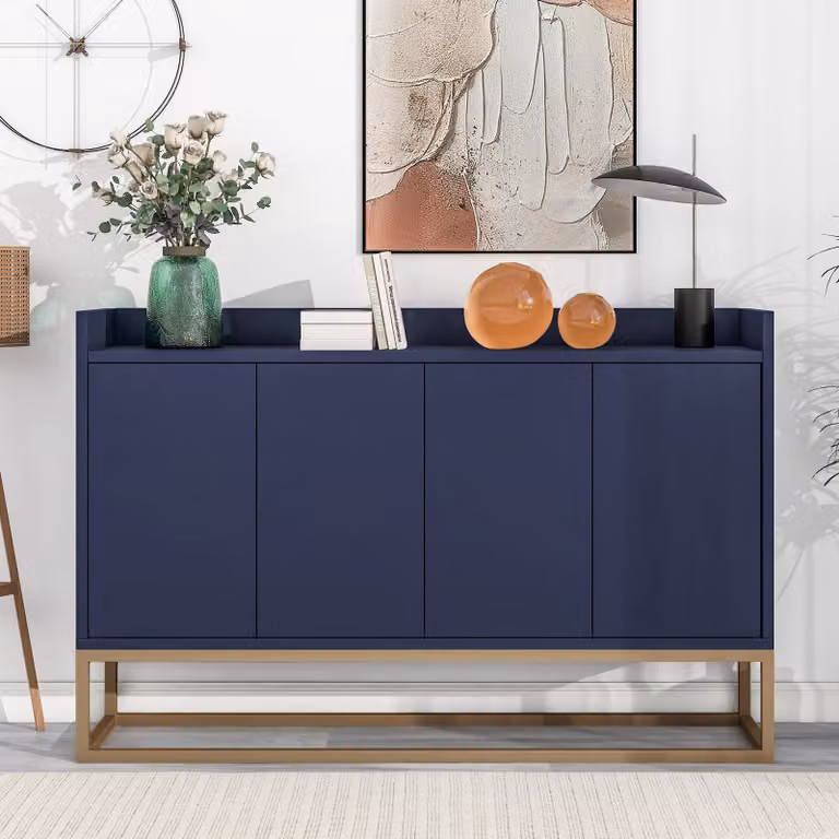 Credenza, cassettiera con ripiani regolabili e struttura in metallo dorato, cassettiera a 4 ante, credenza, buffet, larghezza: 120cm