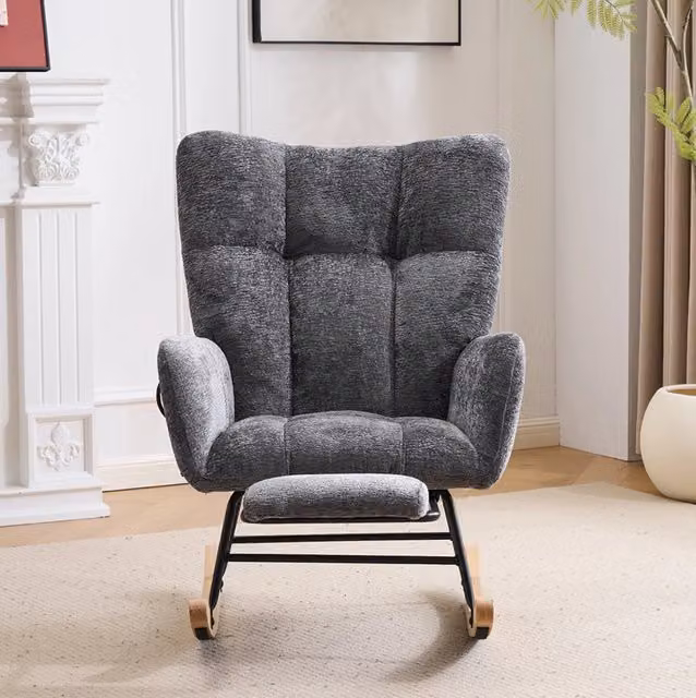 Poltrona a dondolo 63x92x89 cm in tessuto chenille grigio scuro, supporto lombare, per salotto