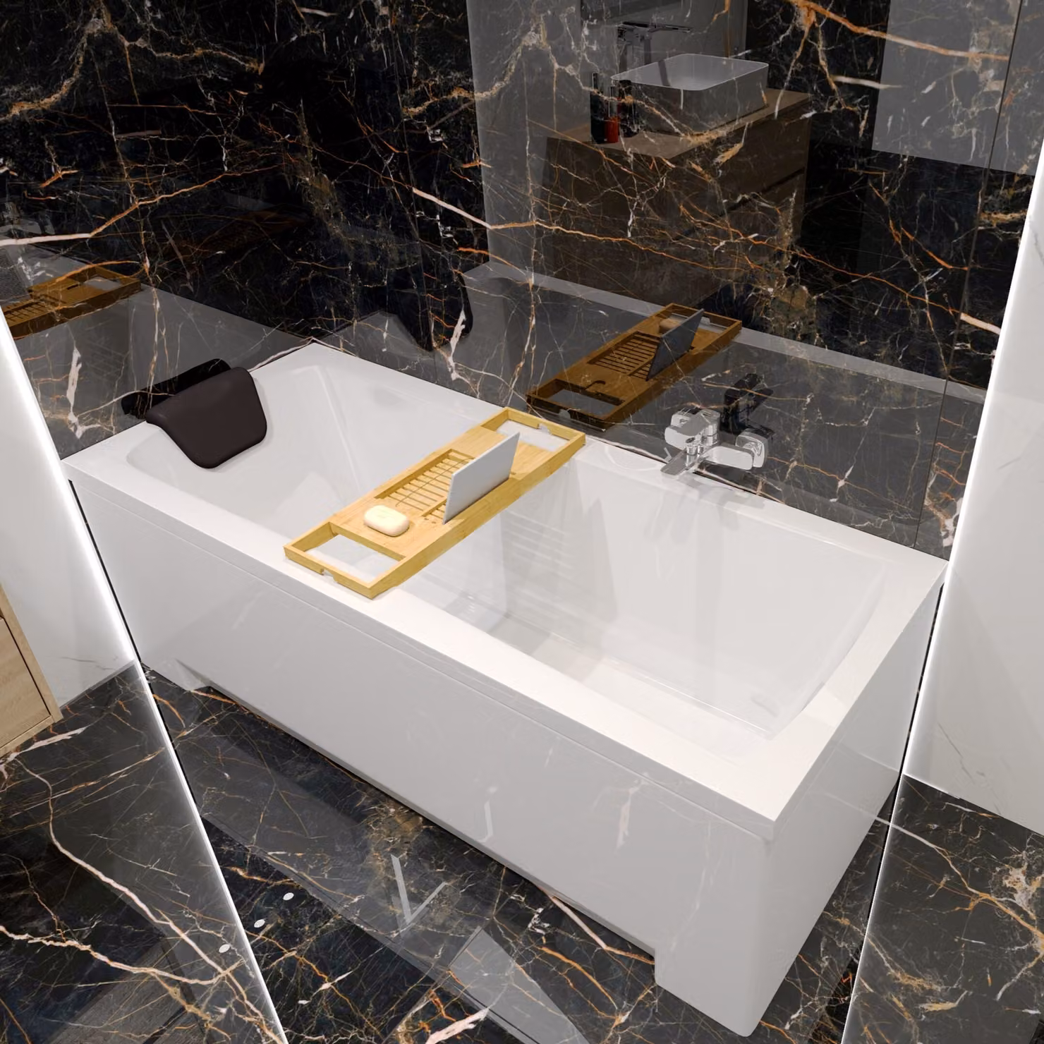 Set vasca rettangolare 5in1 140x70 con set di scarico e piedini GRATIS + grembiule in acrilico + ripiano in legno di bambù + poggiatesta in nero | BADLAND OPTIMAZ