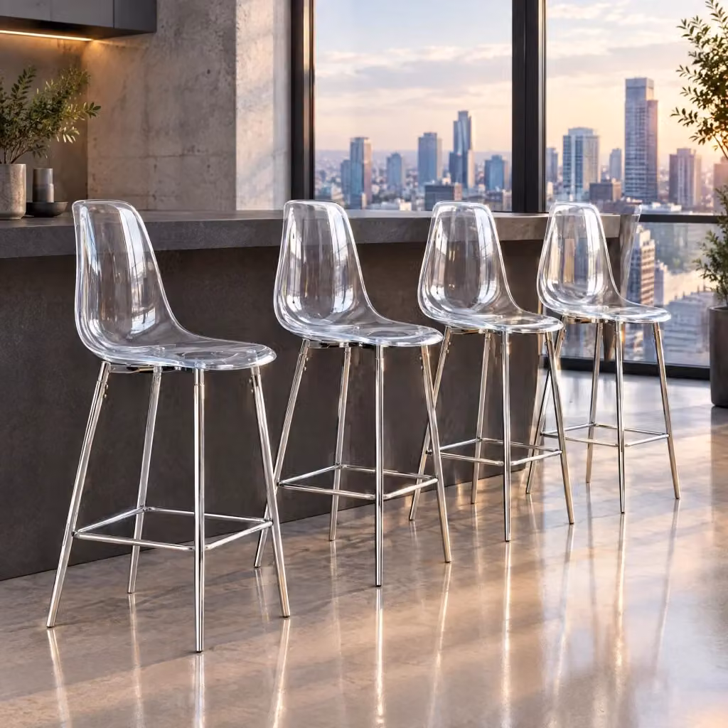 Sgabello da bar moderno MIVRAY con seduta trasparente in plastica e struttura in metallo argentato con poggiapiedi – 2