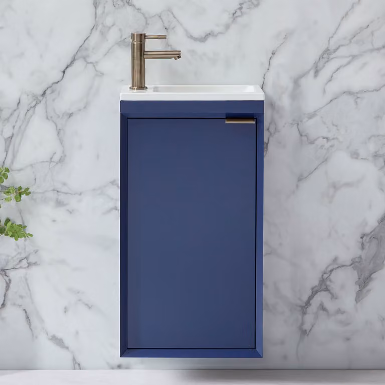 Mobile Bagno Sospeso Blu Marino 400mm con Lavabo e Maniglia con Impugnatura a Dito Ottone Spazzolato - Edge