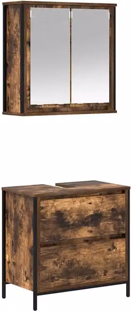 Set Mobili da Bagno Design In in Legno e Metallo Marrone con Mobile Lavabo e Armadietto con Specchio e Illuminazione LED