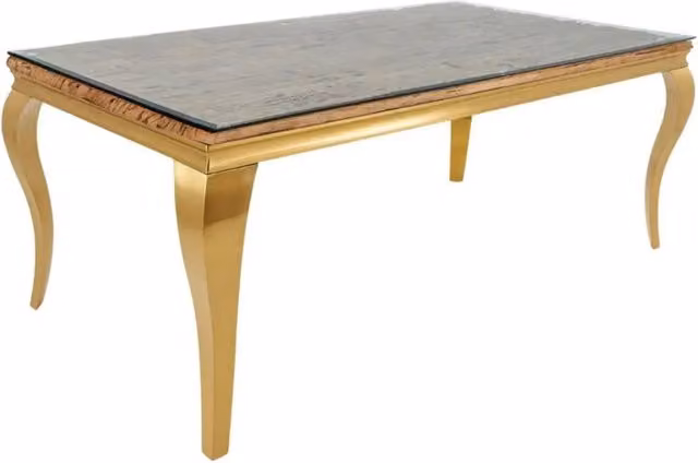 Tavolo da pranzo VELENA rettangolare in legno di teak, vetro e acciaio dorato, stile barocco chic