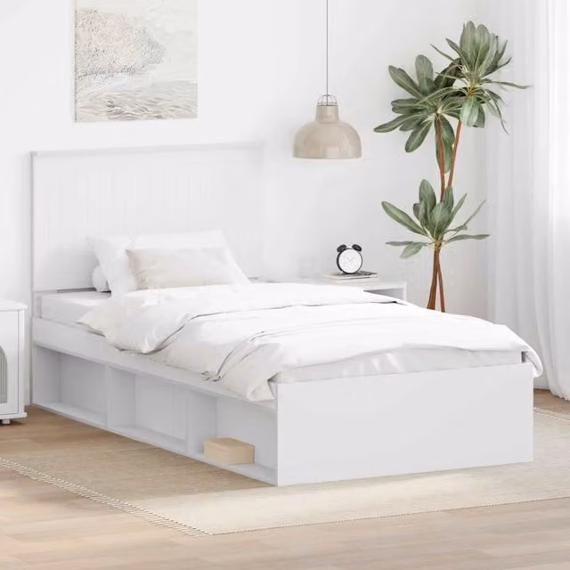 Struttura letto con giroletto e rete in pino massello bianco L 100 x P 200 cm