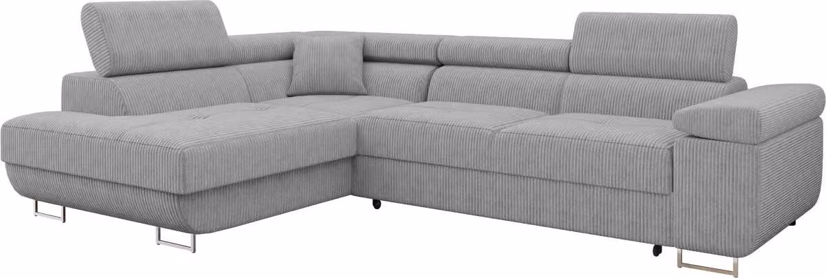 MIRJAN24 Divano angolare Torezio Cord, Elegante divano angolare con box letto e funzione notte, Poggiatesta regolabili, 274x203x70-90 cm (Colore: Poso 110, Lato: Sinistro)
