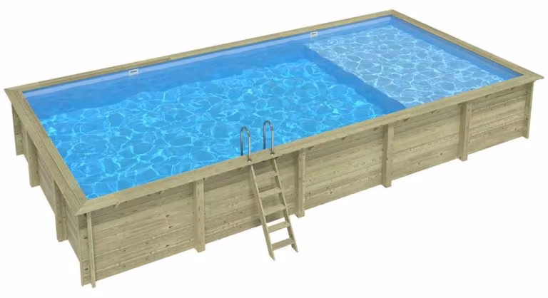 Piscina in legno AQUA 10.2 x 5.2 – H.1.45 m con spiaggia, azzurro chiaro, con supporti fissati al calcestruzzo