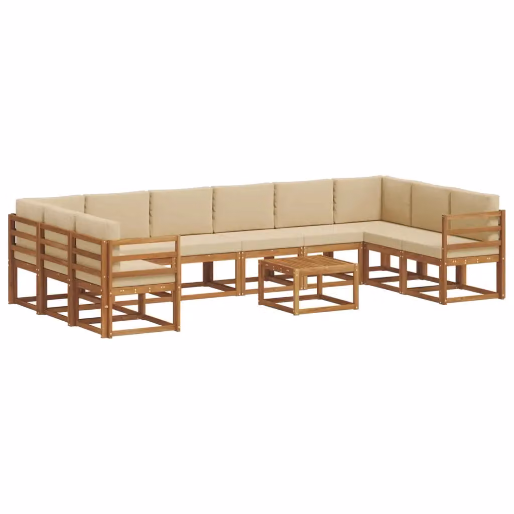 Set di divani da esterno moderno vidaXL in legno di acacia con cuscini beige e marrone, composizione a L con elemento angolare e tavolino da caffè, 11 pezzi – 2