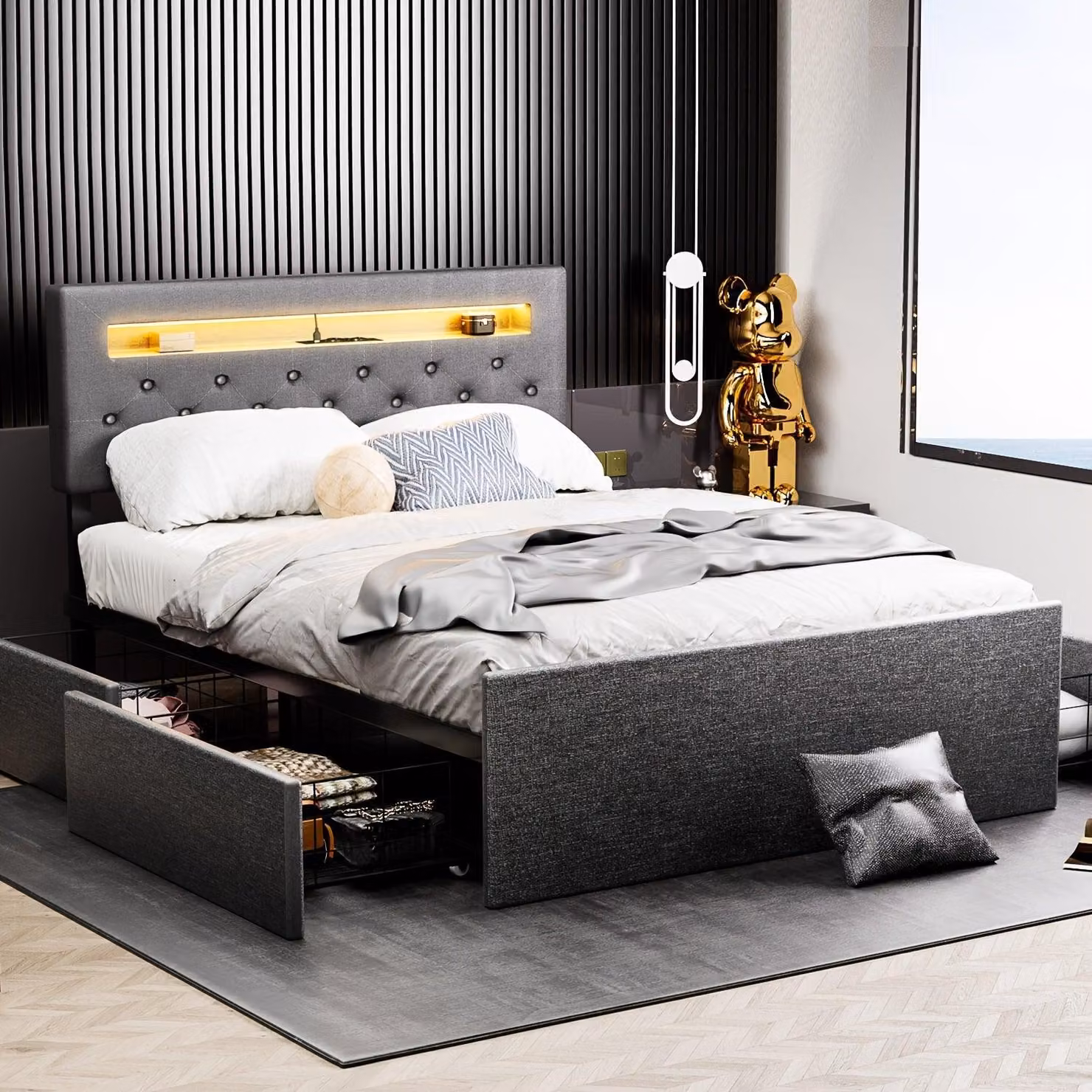 Letto 140x200 cm - Letto matrimoniale - Letto con rete a molle - Letto con illuminazione a LED - Letto contenitore - Testiera imbottita