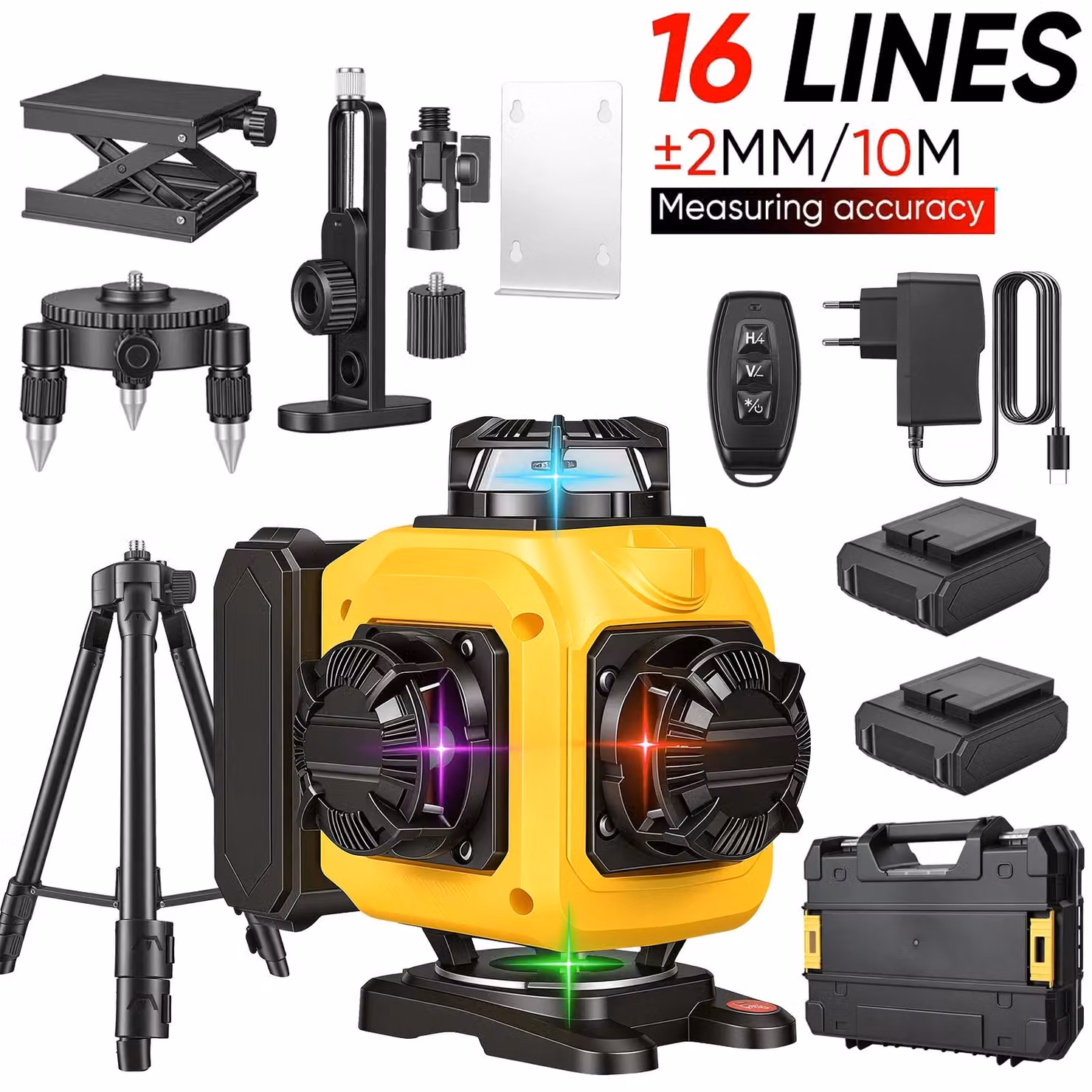 Livella laser a croce - 16 linee, tecnologia 4D - Versione avanzata - Autolivellante - Proiezione a 360° - 4 linee colorate - Treppiede - 2 batterie