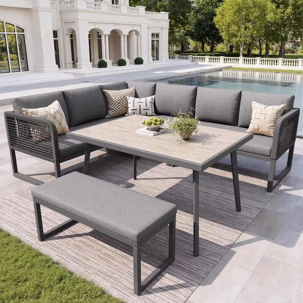 Set di mobili da giardino modulare Mivray in rattan e metallo grigio con tavolo in vetro, ideale per giardino, balcone o terrazza – 2