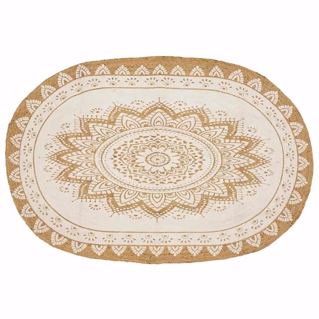 Tappeto in juta vidaXL con stampa floreale bianca e beige, ideale per soggiorno o corridoio, L: 152 cm x P: 245 cm