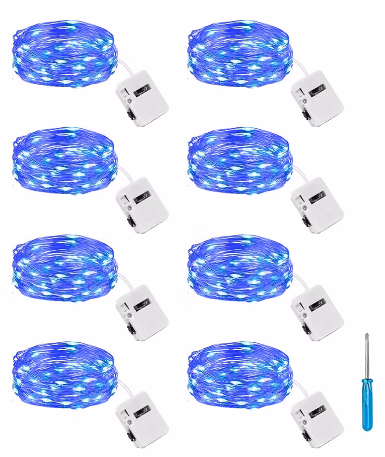 Mini catena luminosa, confezione da 8 pezzi, lunghezza 2 metri, 20 LED, colore blu, alimentazione a batteria