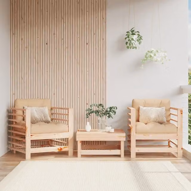 Set di 2 sedie da giardino vidaXL in legno di pino con cuscini beige e braccioli, stile rustico – 1