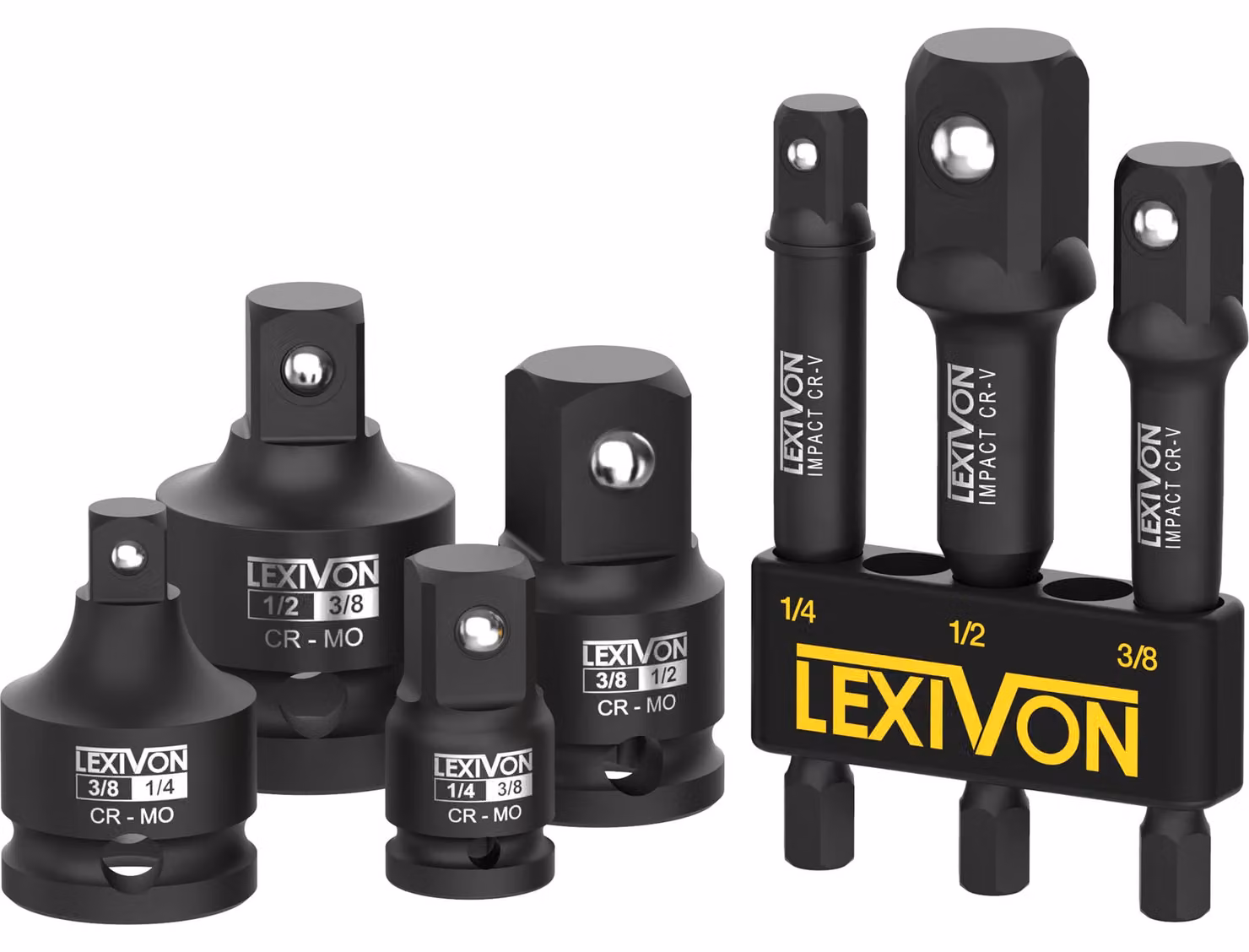 Set di adattatori e accessori per avvitatori a percussione LEXIVON, composto da 7 pezzi, per aumentare, ridurre e prolungare l'utilizzo | Adattatori per avvitatori a percussione da 1/4" a 3/8" e 1/2", con trattamento anticorrosivo a fosfato (LX-109)