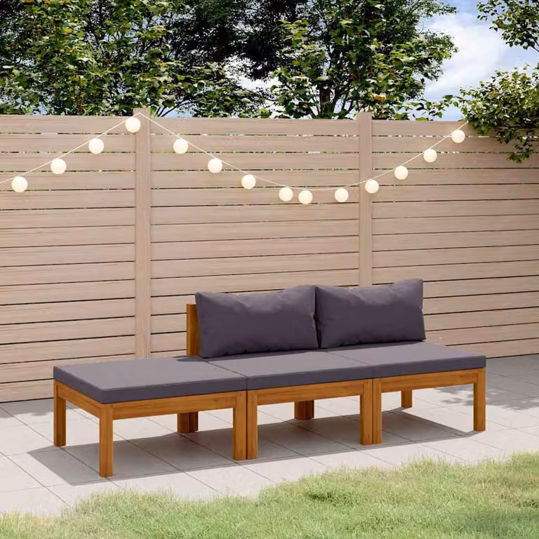 Set da giardino vidaXL composto da divano a 2 posti, pouf e tavolino da caffè in legno massello di acacia con cuscini grigi