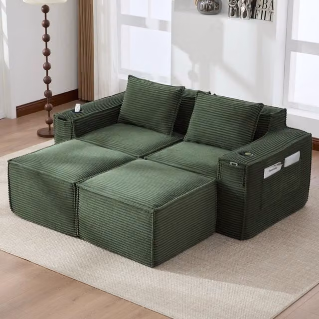 Divano modulare a 2 posti in tessuto effetto corda con portabicchieri e tasche laterali verde 188 × 162 × 75 cm