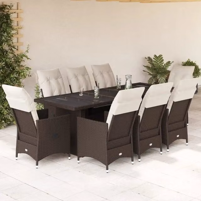 Set Bistrò da Giardino vidaXL 9 pz in Polyrattan Marrone e Bianco con Cuscini e Tavolo in Vetro – 1