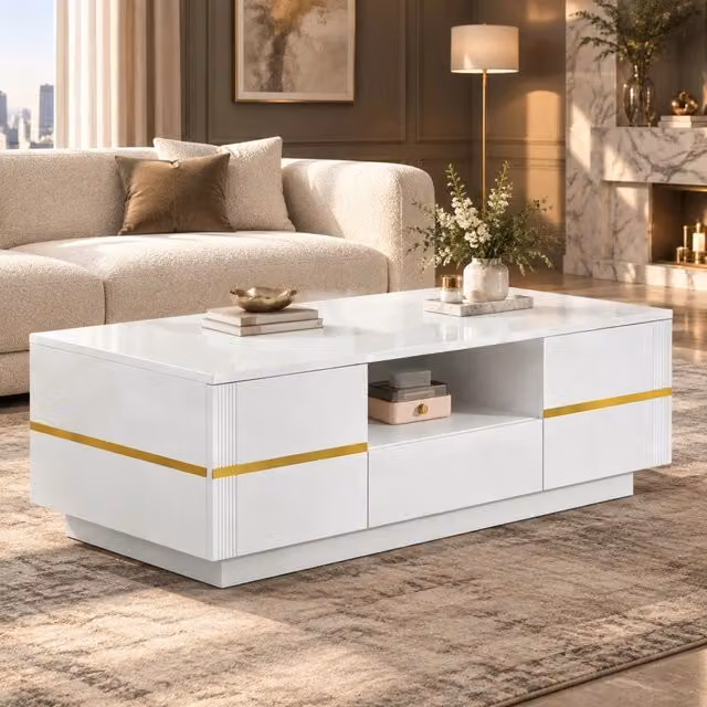Tavolino da caffè moderno 100x50x35;5 cm in MDF bianco lucido con dettagli dorati
