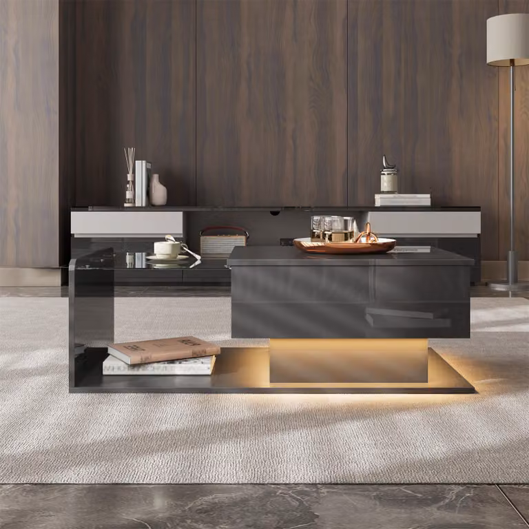 Tavolino nero lucido con piano in vetro ed effetto LED, tavolino laterale