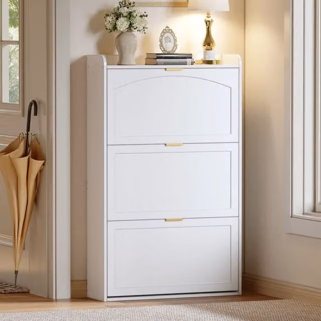 Scarpiera salvaspazio con 3 ante ribaltabili e 3 vani, per ingresso e soggiorno, in truciolare, bianco, 76 × 23 × 118 cm