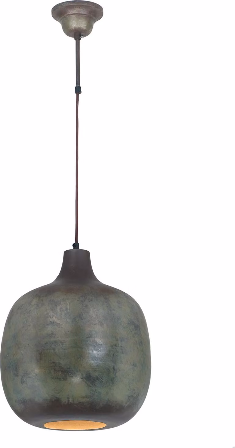 Lampada a sospensione Padiro, dimensioni 34 x 38 x 38 cm, finitura bronzo scuro, realizzata in ferro, con paralume arrotondato dall'aspetto patinato