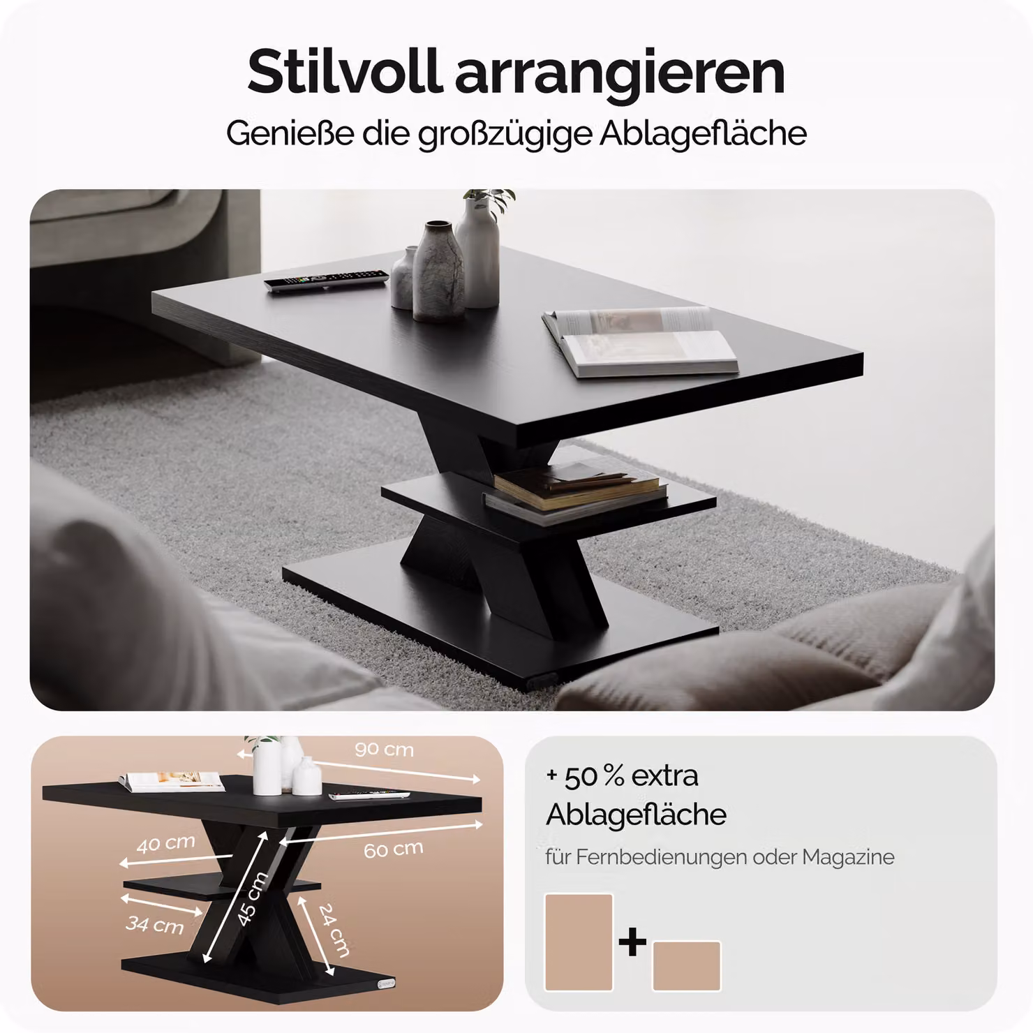 Tavolino rettangolare moderno CASARIA nero L: 60 cm, P: 50 cm, H: 45 cm – 2