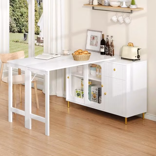 Credenza bianca con tavolo estraibile; 116 x 40 x 78;5 cm; ante scorrevoli in vetro temperato; MDF; gambe dorate