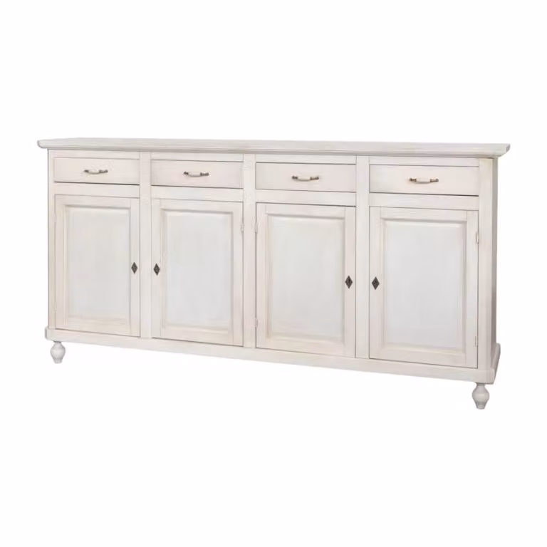 Credenza Shabby Chic Mobili 2G in Legno Bianco Anticato con 4 Porte e 4 Cassetti L: 196 cm, P: 45 cm, H: 98 cm