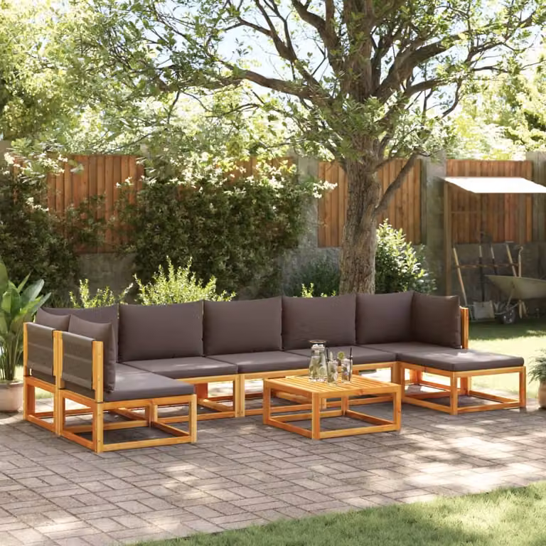 vidaXL Set di divani da giardino 8 pezzi a forma di L in legno di acacia con cuscini grigi e marroni e tavolino da esterno