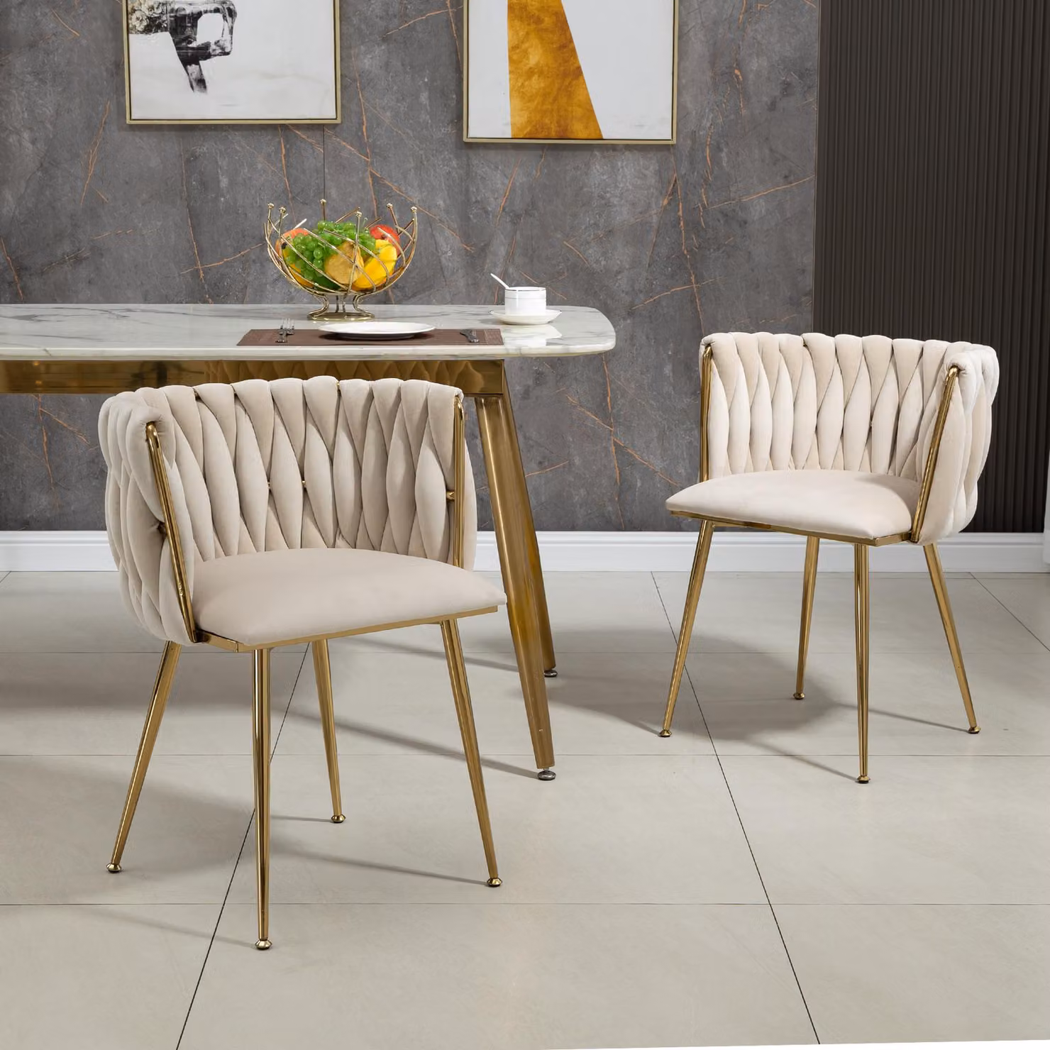 STILVORA: Set di 2 sedie da pranzo con gambe in metallo dorato e cuscini imbottiti, sedia da cucina con design intrecciato artigianale, poltrona da lettura in velluto, color beige