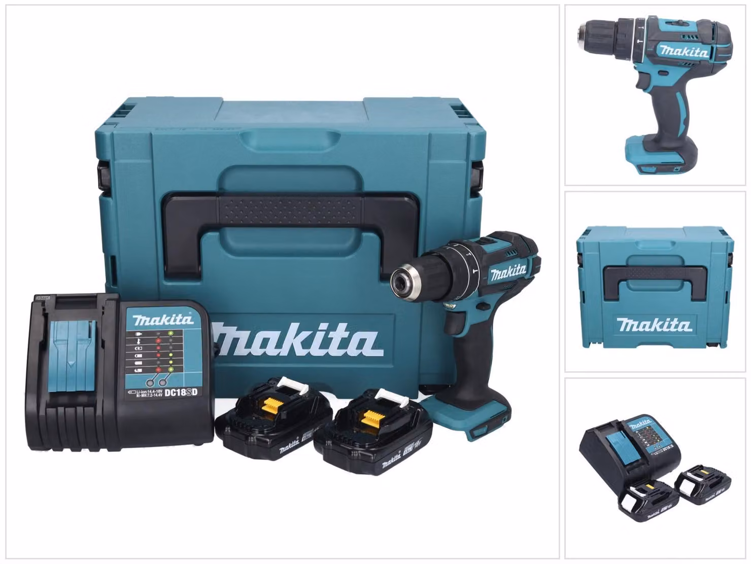 Makita DHP 482 SYJ trapano a percussione a batteria 18 V 62 Nm + 2x batteria ricaricabile 1,5 Ah + caricabatterie + Makpac