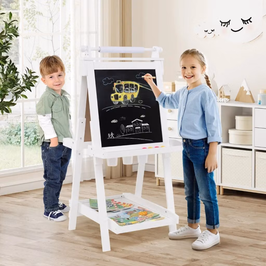 Cavalletto artistico per bambini 3 in 1 con lavagna bifacciale, rotolo di carta, vassoi portaoggetti e bicchieri per pittura, Bianco – 2