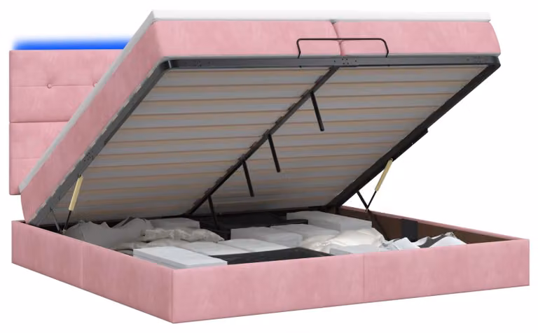 Letto con contenitore e materasso LED rosa, dimensioni 200 x 200 cm, rivestito in velluto