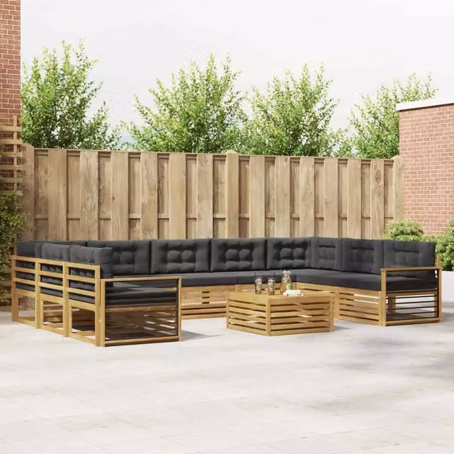 Set di divani da esterno a L vidaXL in legno di acacia con cuscini, Bianco e Antracite – 1