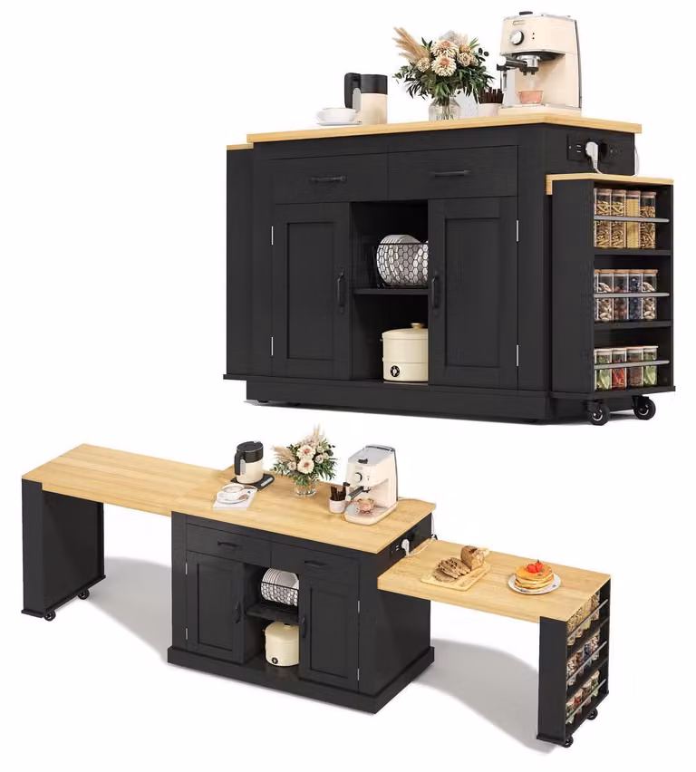 Isola da cucina con 2 tavoli estensibili, mobile, colore nero/effetto legno naturale, dimensioni 142x55x93 cm