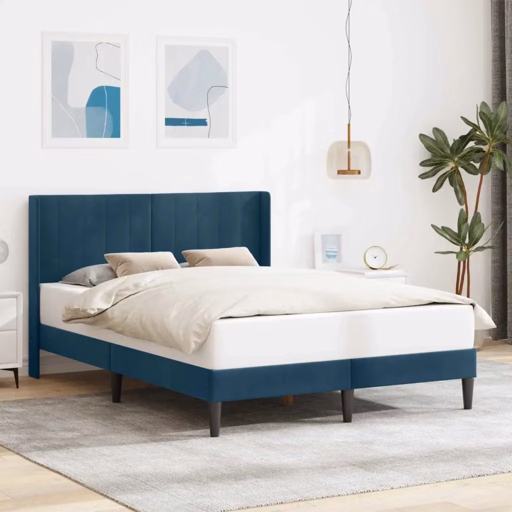 Letto matrimoniale moderno in velluto blu con testiera, L/P/H: 140 x 200 x 96 cm – 2