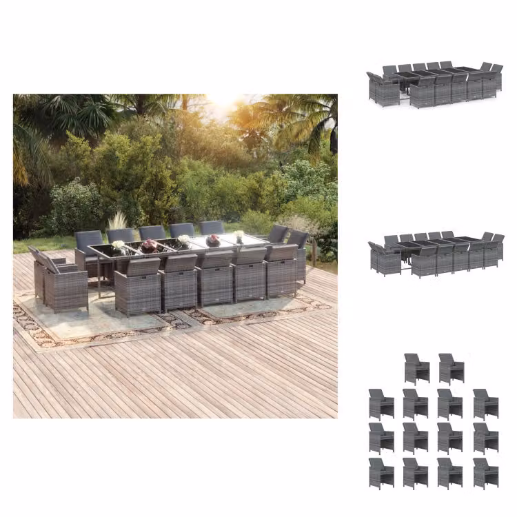 vidaXL Set da pranzo da giardino 15 pezzi con cuscini in poly rattan grigio - Set di mobili da giardino