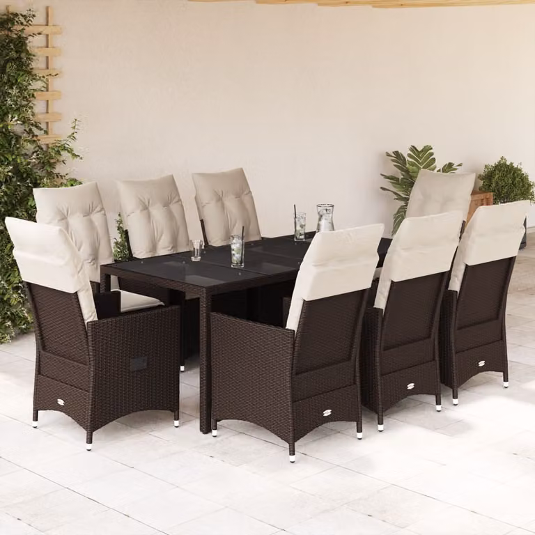 Set da Pranzo da Giardino vidaXL in Polyrattan Marrone con Cuscini Bianchi e Tavolo in Vetro, 9 Pezzi