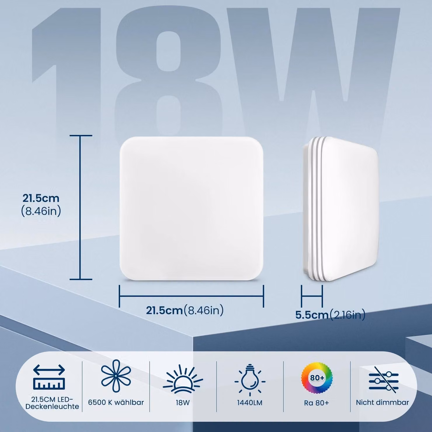 Pannello LED quadrato - 18 W - confezione da 2 - Ultraleggero - Senza sfarfallio - Antiriflesso - A soffitto