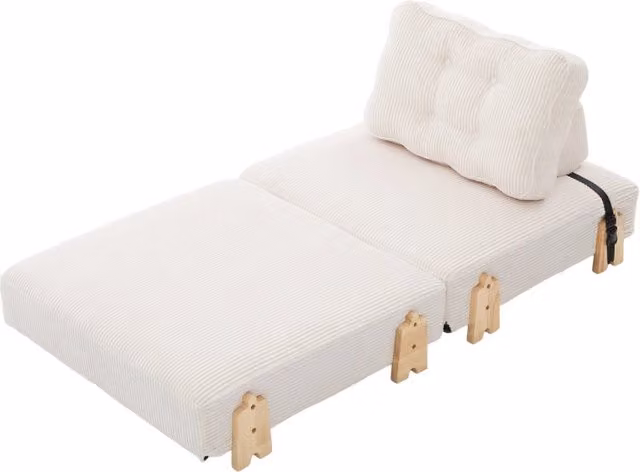 Poltrona singola trasformabile in divano letto con rivestimento in morbido velluto a coste beige e gambe in legno, stile nordico