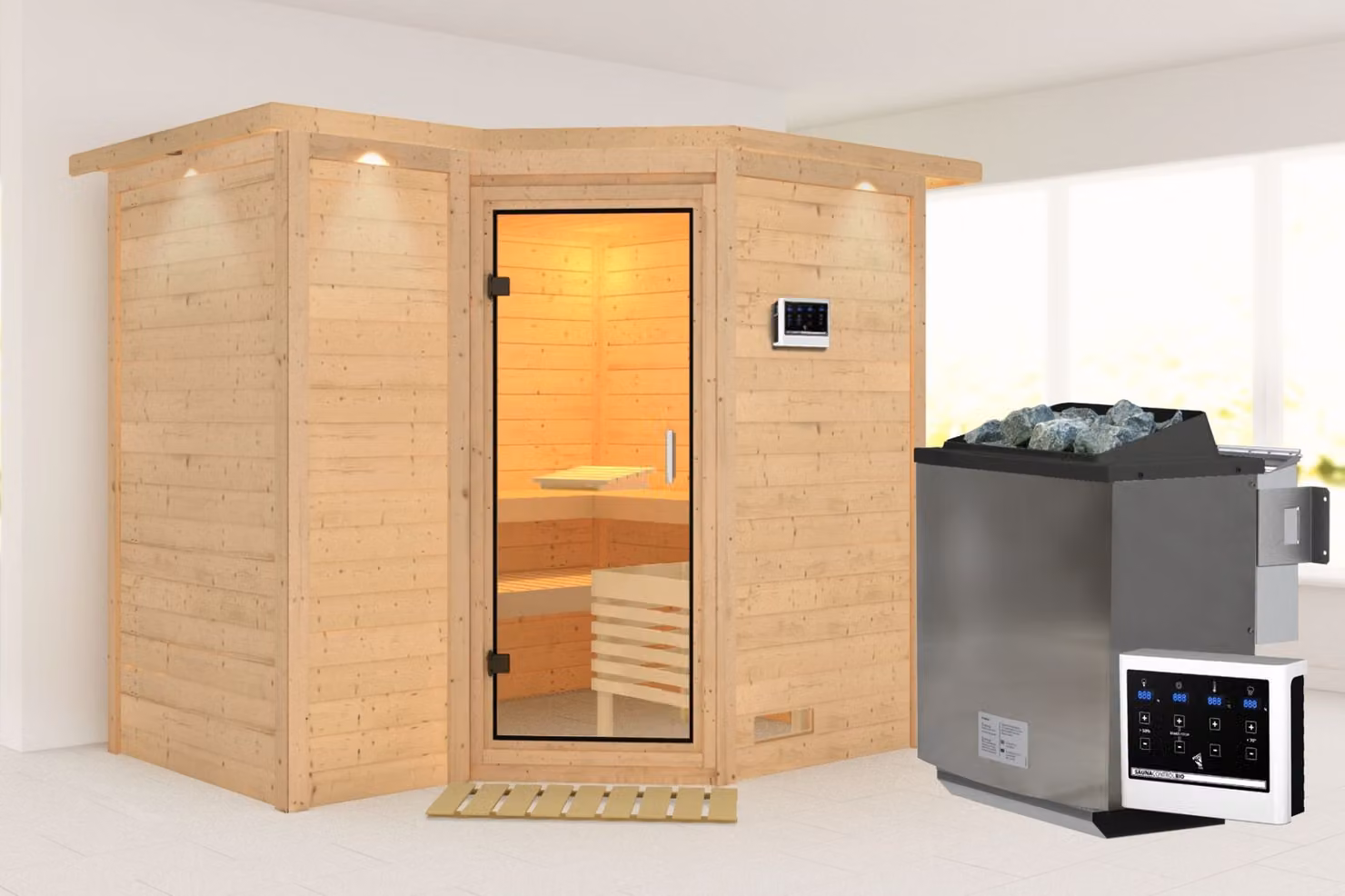 Cabina Karibu sauna interna Sahib Sauna interna 3 panche in legno con finitura naturale Cabina sauna Spessore parete: 40 mm Sauna a infrarossi