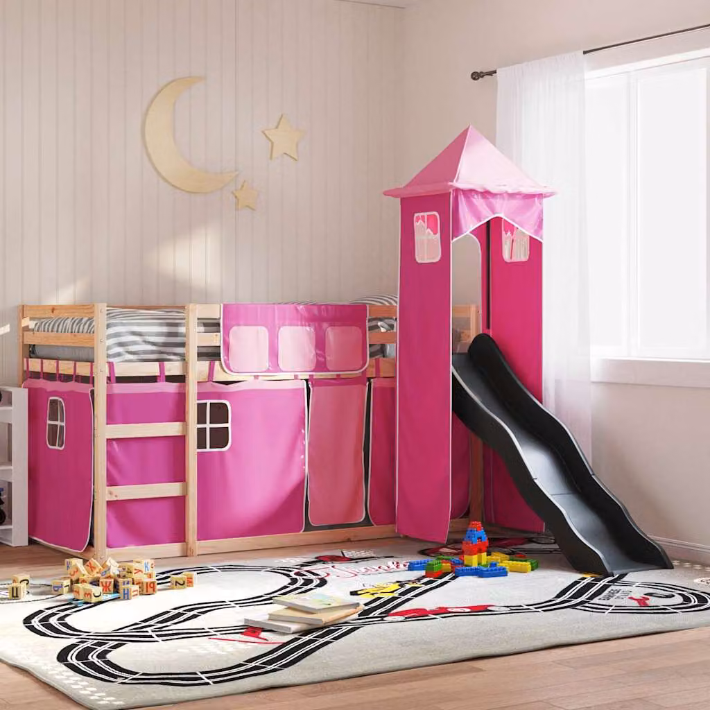 Letto a castello per bambini vidaXL in legno di pino con scivolo e tende rosa e antracite L/P/H: 200 x 80 x 113 cm – 1