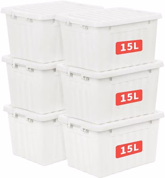 Set di 6 contenitori Ibenzoa®, capacità 15 litri ciascuno – contenitori in polipropilene opaco con chiusura a scatto sicura, impilabili e salvaspazio, ideali per la casa e l'ufficio